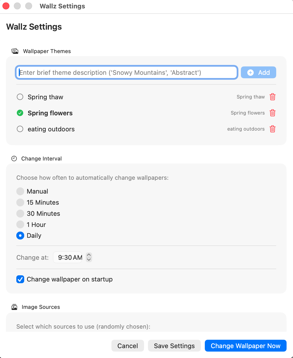 Wallz settings — themes, change interval, and image sources