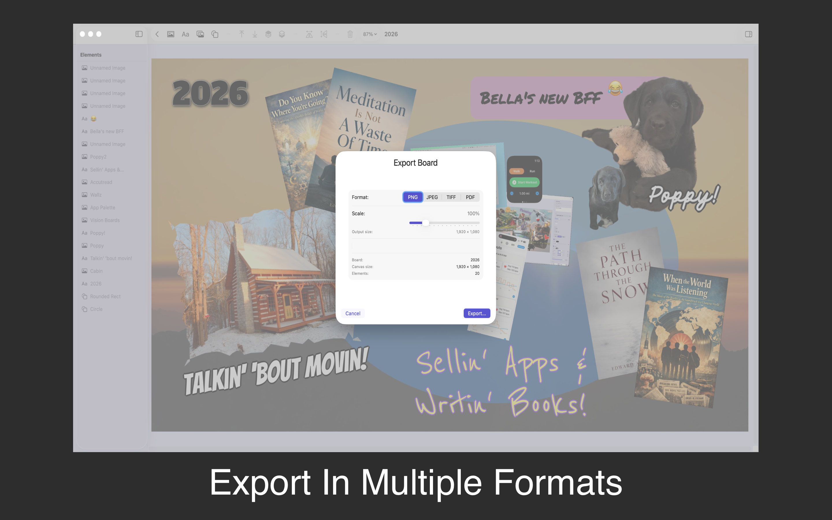 Exporting a vision board to PNG, JPEG, or PDF