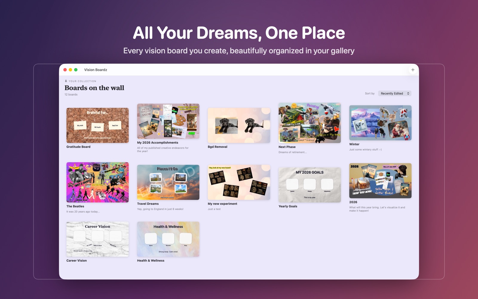 All your dreams, one place — every vision board organized in your gallery
